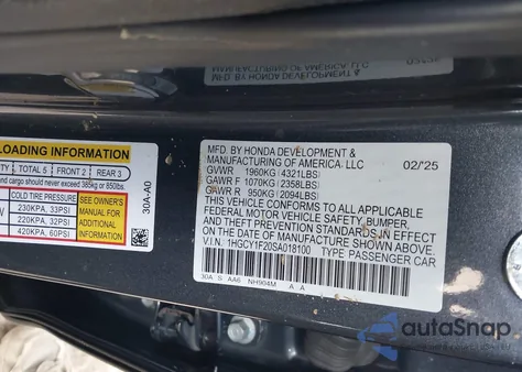 2025 Honda Accord Lx z USA, uszkodzony, nr VIN 1HGCY1F20SA018100